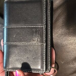 Coach Black Leather Compact Wallet with Key Ring Accent 4.75x3.25 Good Condition